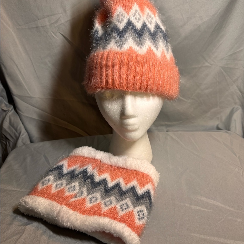 Cozy Knit Beanie and Scarf Set - Orange and Gray